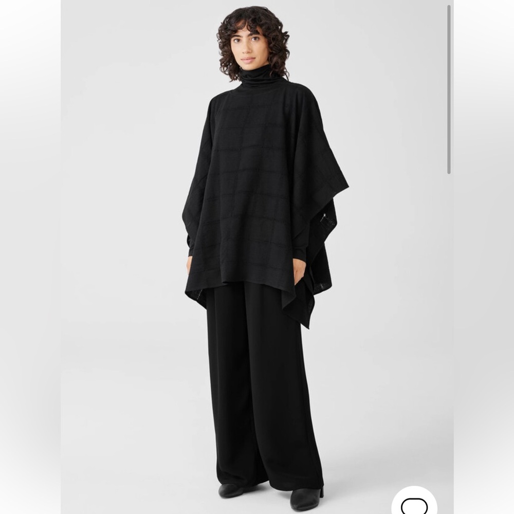 Eileen Fisher Wool Gauze Grid Poncho Black. One Size. - Picture 1 of 12
